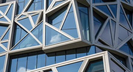 Detail of corporate building with reflections in windows, concept of success, innovation and urban development, real estate and construction.