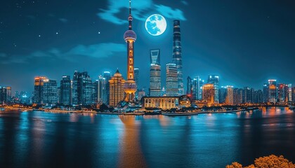 Night cityscape with illuminated skyscrapers and a large moon