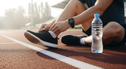 A person tying their running shoe on a track, with a smartwatch displaying a heart icon and a water bottle nearby.