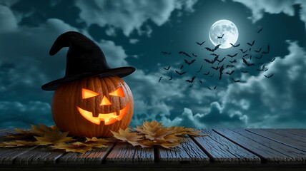 Spooky carved pumpkin wearing a witch hat sits on a wooden surface with autumn leaves under a full moon and cloudy night sky