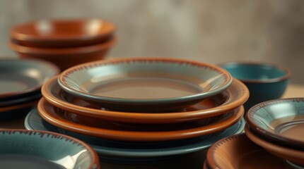 Artistic Ceramic Dishes: A carefully curated collection of artisan ceramic dishes, elegantly stacked and arranged, against a blurred, neutral background.