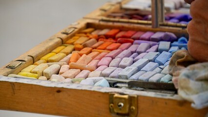 Set of Professional Pastel Chalks in Wooden Box for Artists 