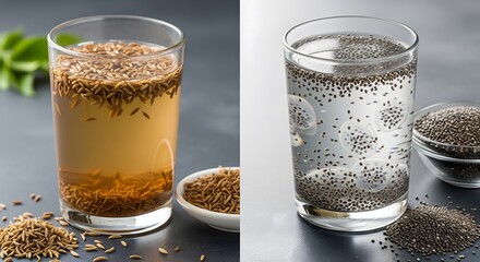 Two Glasses of Healthy Drinks with Cumin Seeds Water and Soaked Basil Seeds, Natural Detox Beverage for Digestion, Hydration and Wellness
