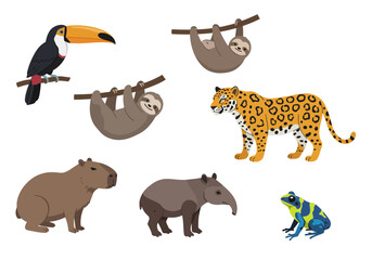 Seven cartoon rainforest animals toucan sloths jaguar capybara tapir and frog © G Factory