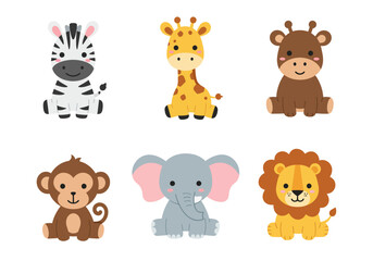 Six cartoon baby animal illustrations sit on a white background