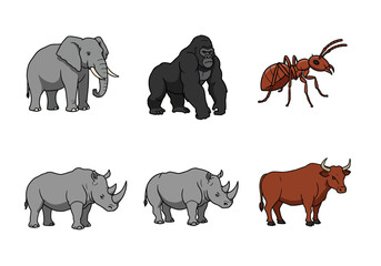 Six cartoon animals elephant gorilla ant two rhinos and a bull arranged on a white background