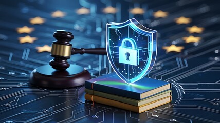 Digital security and legal protection concept with a glowing shield and padlock on a circuit board background