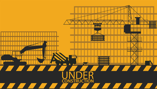 Construction site with crane excavator and cement truck vector illustration under construction background
