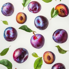 Fresh plums with leaves on a white background. Concept of healthy eating and fruit.