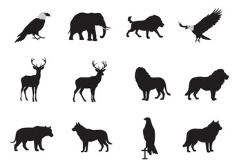 Twelve black animal silhouettes eagles lions deer wolves and an elephant