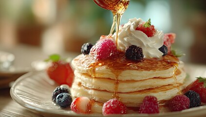 Golden pancakes drizzled with syrup, topped with whipped cream and fresh berries on a plate
