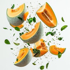 Cantaloupe Melon Slices Falling. Fresh Summer Fruit Concept