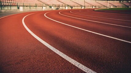 Empty red running track with white lane lines curving into the distance under stadium lights at dusk