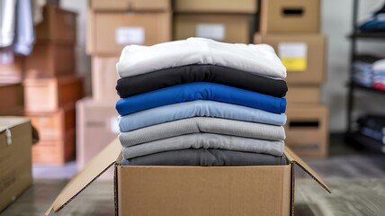 Neatly folded stack of colorful t shirts and hoodies in various shades of blue gray and white inside an open cardboard box