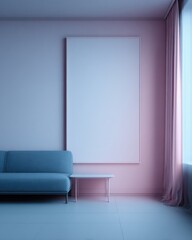 A minimalist living room interior design featuring a light-blue sofa, a light-pink wall, and a large blank canvas, showcasing a modern and calming aesthetic.
