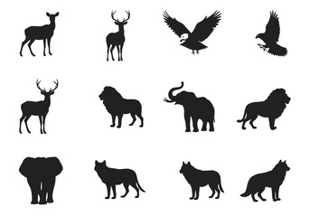 Wildlife silhouettes show deer eagles lions elephants and wolves