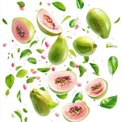 Floating Guavas and Leaves. Fresh Fruit Concept