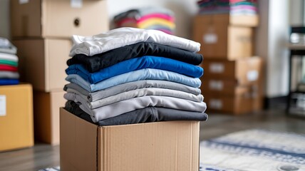 Neatly folded stack of casual men s clothing in neutral colors placed on a cardboard moving box ready for storage or transport