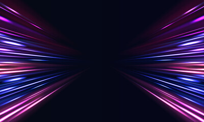 Futuristic highway at night with glowing neon trails in pink and cyan. Speed lines curve sharply through the dark, creating a dynamic vortex. Digital energy pulses through the scene. 