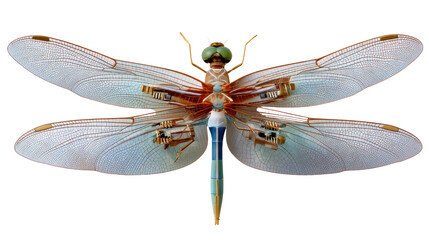Cybernetic Dragonfly: A highly detailed view of a stunning robotic dragonfly, revealing intricate mechanical components. The dragonfly's delicate wings and advanced design.