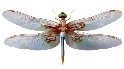 Cybernetic Dragonfly: A highly detailed view of a stunning robotic dragonfly, revealing intricate mechanical components. The dragonfly's delicate wings and advanced design.