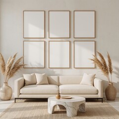 Six mockup poster frames in a minimalist neutral living room with cream sofa, marble coffee table and pampas grass