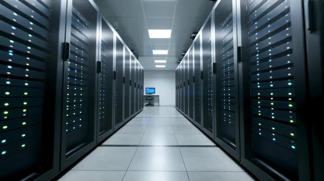 Rows of illuminated server racks lining a long corridor in a modern data center facility