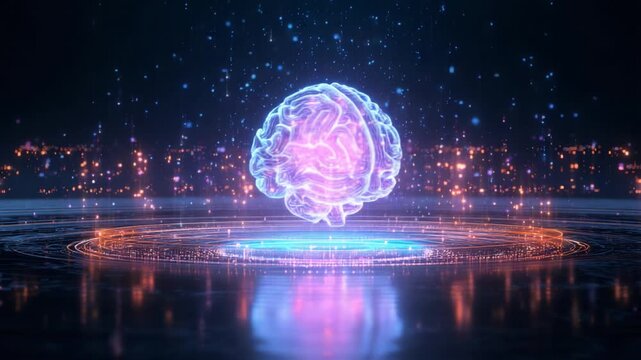 Digital brain rotating slowly over a futuristic platform with glowing rings of light, representing concepts like artificial intelligence, machine learning, neuroscience, and advanced technology