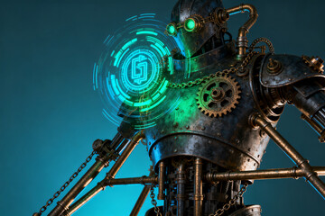 Steampunk robot with glowing holographic interface and mechanical gears
