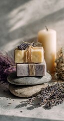 Stacked handmade soaps, lavender sprigs, and candle on stones