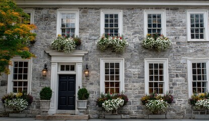 Fototapeta premium Gray stone house with floral window boxes