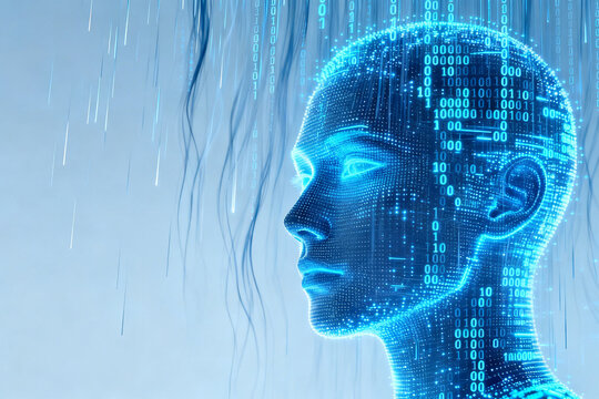 Digital human head composed of binary code and glowing particles, representing artificial intelligence and data processing - Powered by Adobe