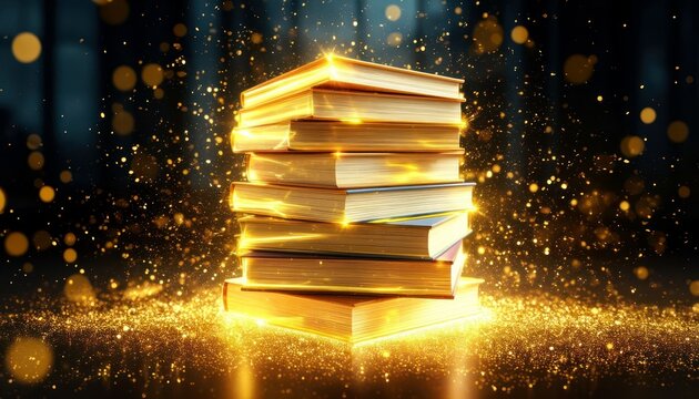 A stack of glowing golden books surrounded by sparkling light. The scene conveys a sense of knowledge and magic, ideal for educational themes.