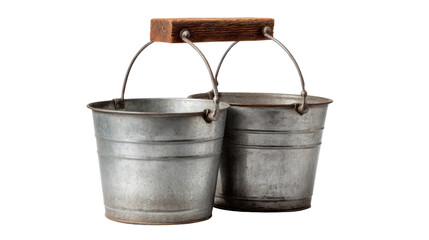 Double Bucket: A set of two vintage galvanized metal buckets, interconnected by a wooden handle, stand isolated. This rustic charm conjures images of simpler times.
