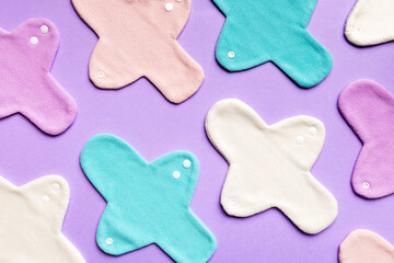 Eco-friendly reusable fabric women's pads. set of colorful bright reusable menstrual pads. zero waste woman periods concept top view with copy space