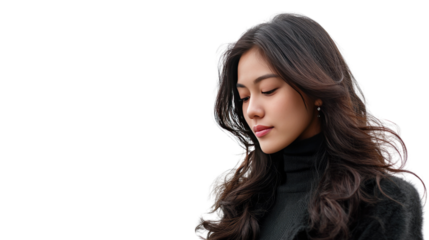 Serene Contemplation: A beautiful person with closed eyes with cascading, dark hair, embodying peaceful reflection and introspection. 