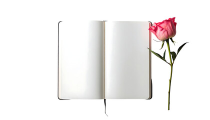 Open blank notebook with a single pink rose resting on its pages against a black background