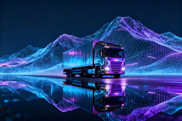 Futuristic truck on a digital landscape with neon waves and reflective surface