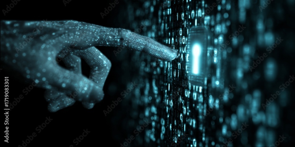 Wall mural futuristic hand reaching for a digital lock on a data network background with glowing binary code an