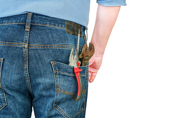 Man or male with hand tools and work clothes in pocket isolated on white background with clipping path. Labor Day backgrounds. Concept of work and employment. Design element.