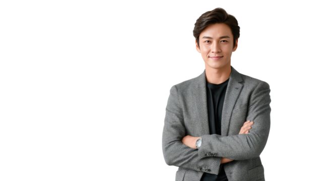 Confident Business Professional: A well-dressed business professional exudes confidence with arms crossed in a studio, representing success and expertise.