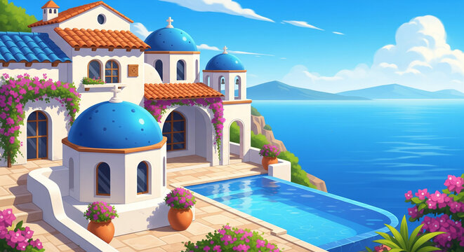 Dreamy Santorini villa with ocean view and refreshing pool - Perfect for vacation rentals, travel agencies, or lifestyle brands seeking a touch of Mediterranean elegance and relaxation - Powered by Adobe