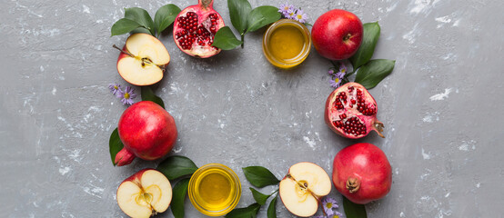 Rosh hashanah concept. Frame made of symbols jewish New Year holiday Traditional. Top view with copy space