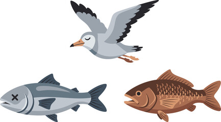 Fototapeta premium Cartoon seagull and fish illustration vector graphic
