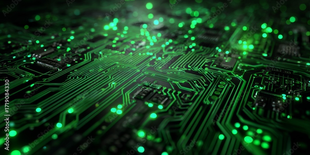 Wall mural abstract close-up of a circuit board with green lines and glowing elements in dark background