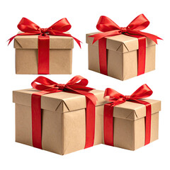 Four kraft paper gift boxes, adorned with red ribbons and bows