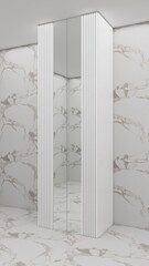 Modern corner wardrobe with sleek mirrored doors, vertical white panel details, and marble-effect walls, creating a stylish, minimal, and elegant interior design