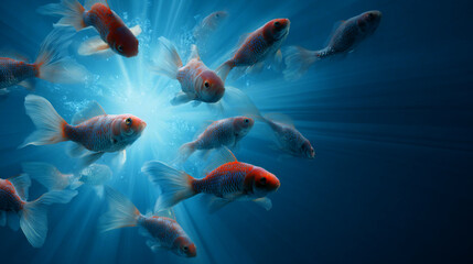 Colorful Koi Fish Swimming in Ethereal Blue Water