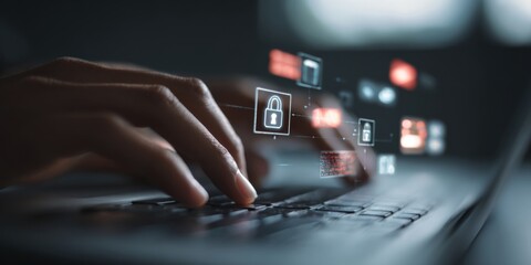 Obraz premium Person Working on Laptop with Digital Interface Showing Security and Data Icons in Modern Workspace