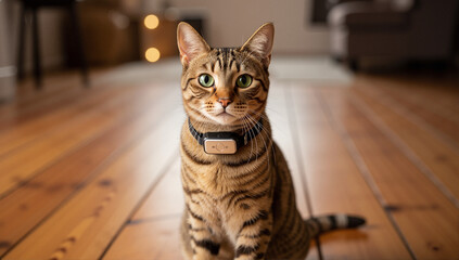 A tabby cat with green eyes wearing a GPS tracker collar. Portrait of a domestic pet at home. Pet technology and safety concept.